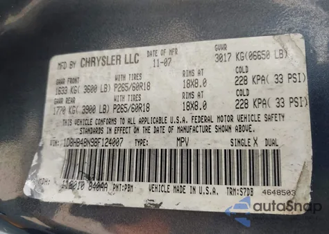 2008 Dodge Durango Slt z USA, uszkodzony, nr VIN 1D8HB48N98F124007